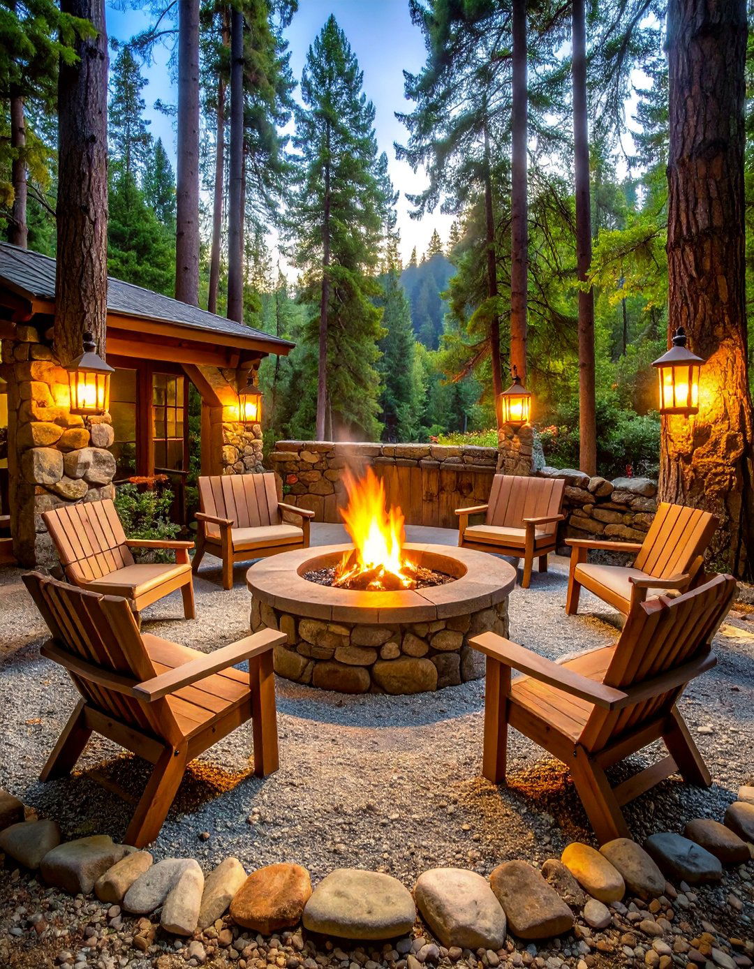 Rustic Stone Circle Fire Pit with Split Log Seating - 25 Sunken Fire Pit Ideas