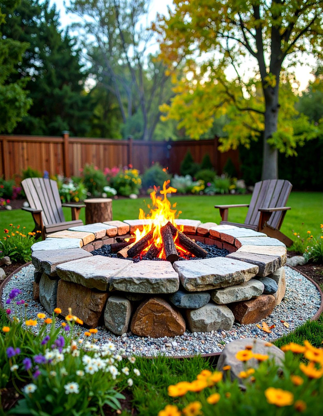 Rustic Stone Circle Fire Pit with Tree Stump Seating - 25 Backyard Fire Pit Ideas Landscaping