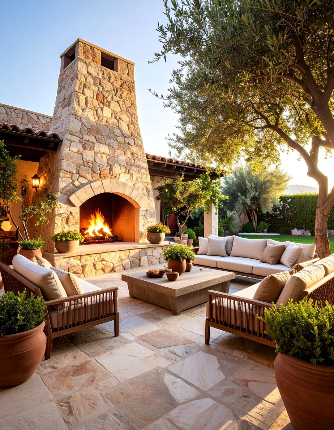 Rustic Stone Fireplace Gathering Space - 25 Mediterranean Patio Ideas