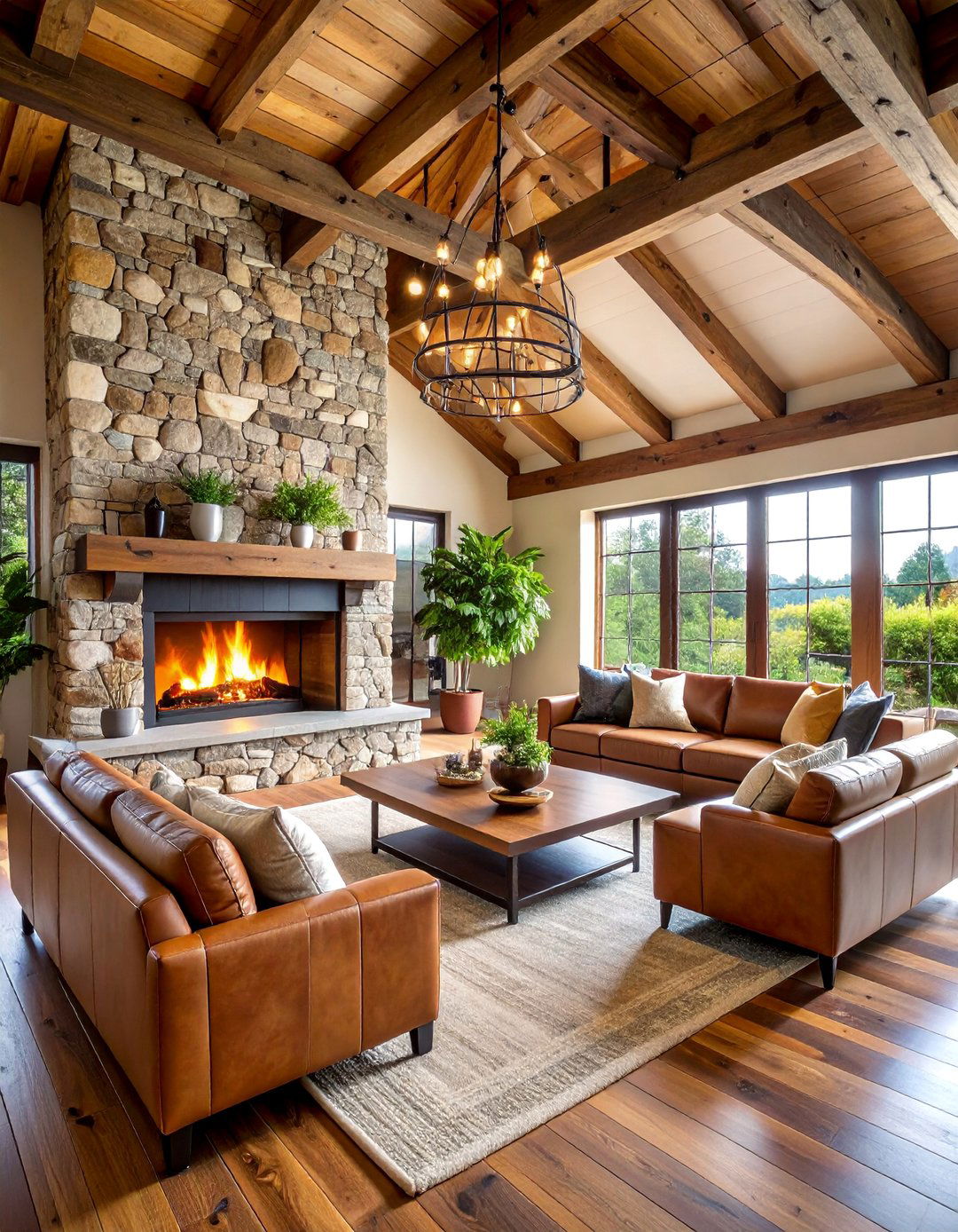 Rustic Stone Fireplace with Exposed Ceiling Beams - 25 Rooms With Fireplaces With Vaulted Ceilings Features
