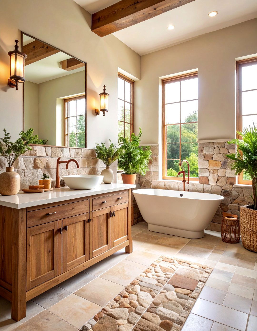 Rustic Stone Half Wall Farmhouse Comfort - 25 Half-wall Tile Bathroom Ideas