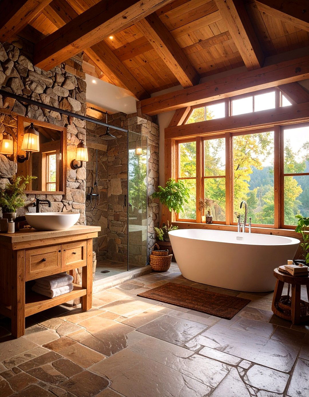 Rustic Stone Half Wall Shower with Wood Beams - 25 Half-wall Shower Ideas