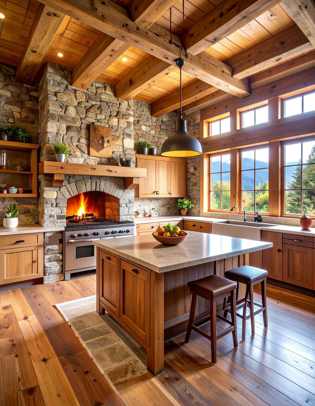 Rustic Stone Hearth Kitchen with Cooking Fireplace - 25 Mountain House Kitchen Ideas