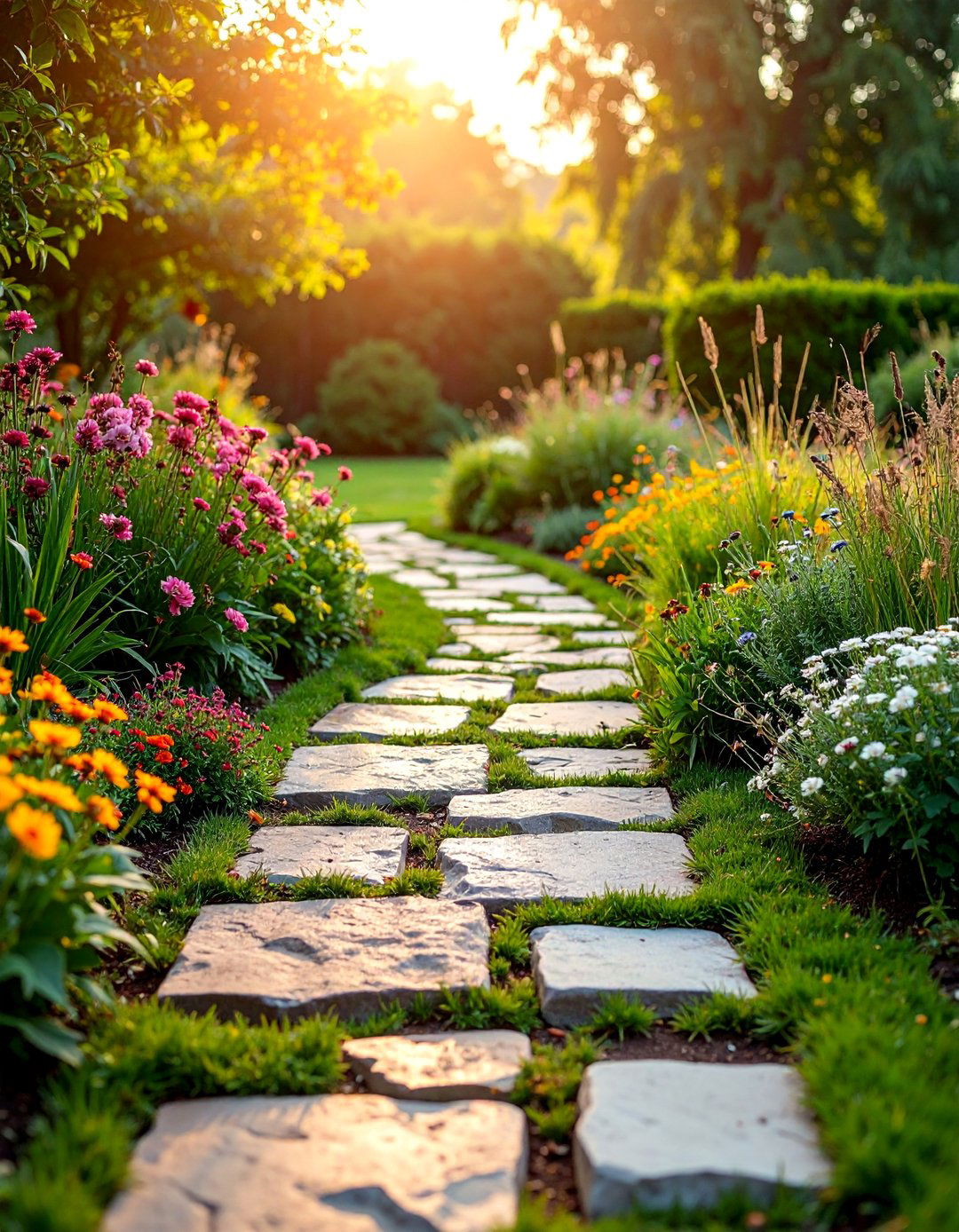 Rustic Stone Pathway with Wildflower Borders - 25 Farmhouse Walkway Ideas