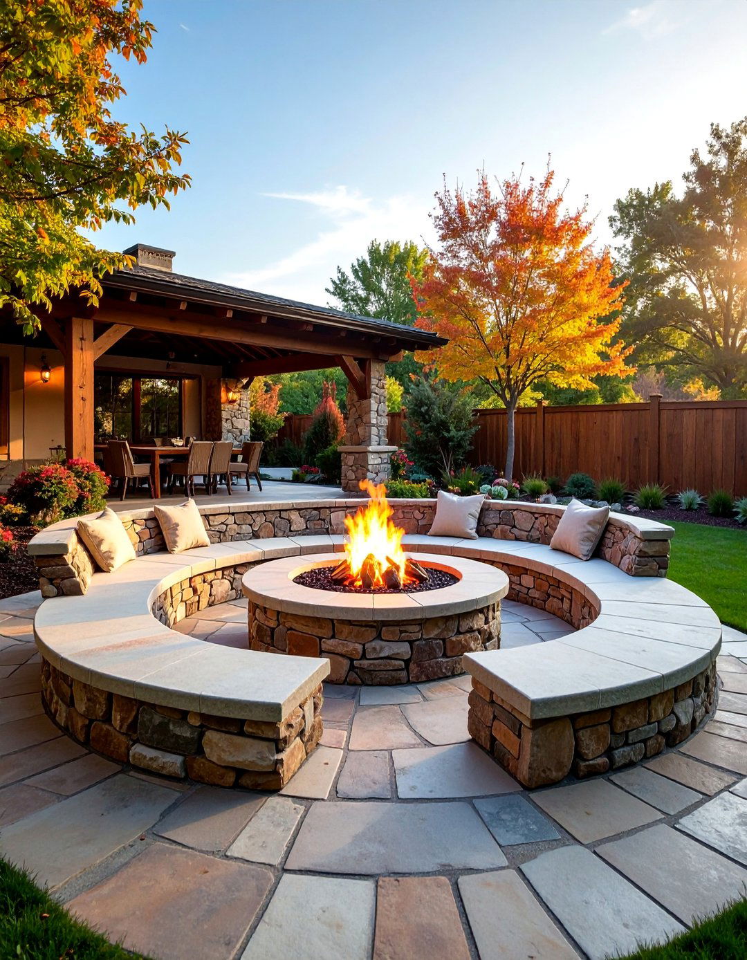 Rustic Stone Paver Patio with Fire Pit Seating Circle - 25 Paver Patio Ideas