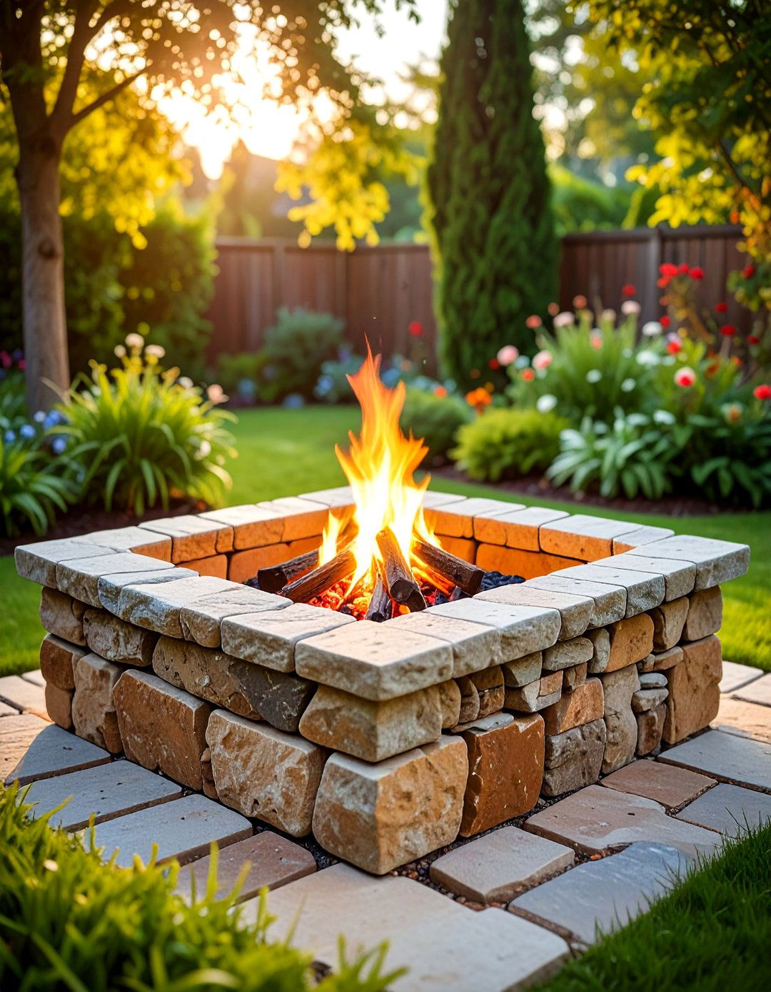 Rustic Stone Square Fire Pit with Natural Materials - 25 Square Fire Pit Ideas