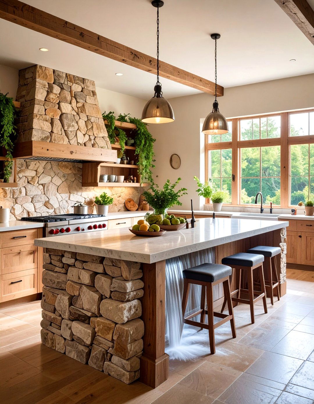 Rustic Stone Waterfall Island - 25 Waterfall Kitchen Island Ideas