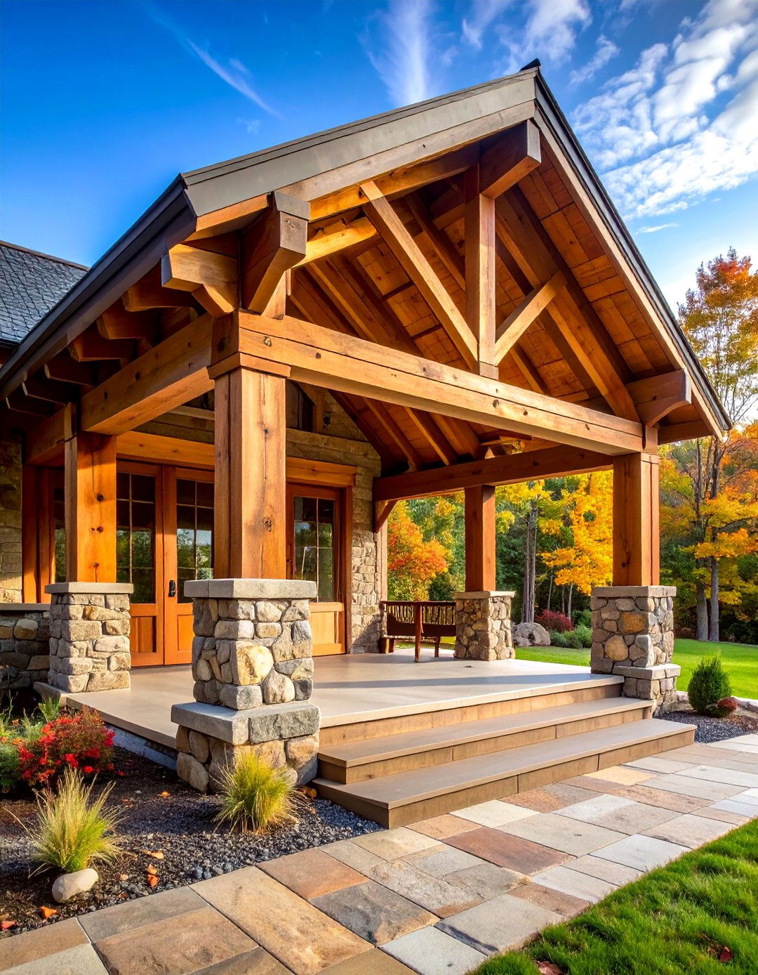 Rustic Stone and Timber Construction - 25 Barndominium Front Porch Ideas
