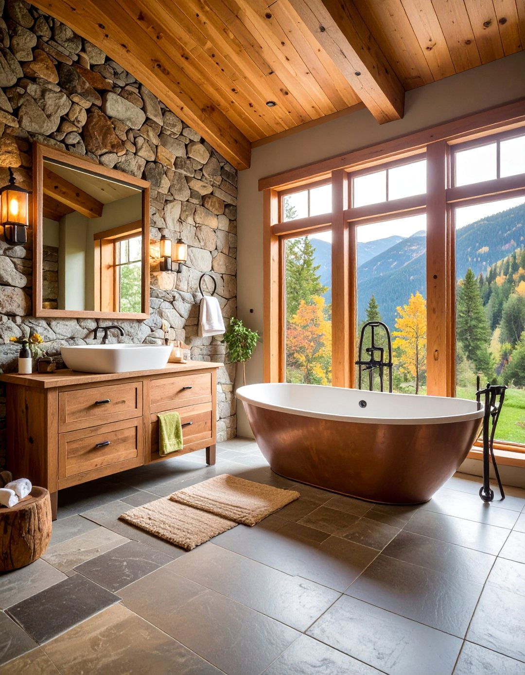 Rustic Stone and Wood Mountain Cabin Bathroom - 25 Country Bathroom Ideas