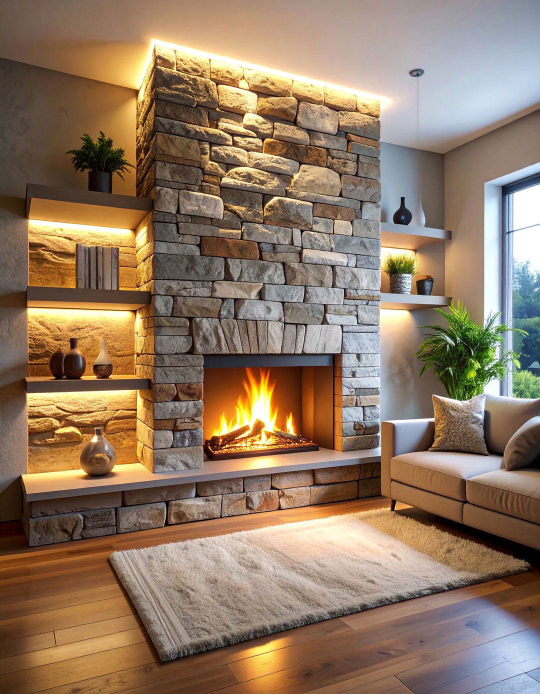 Rustic Stone with Integrated Lighting - 25 Fireplace Accent Wall Ideas