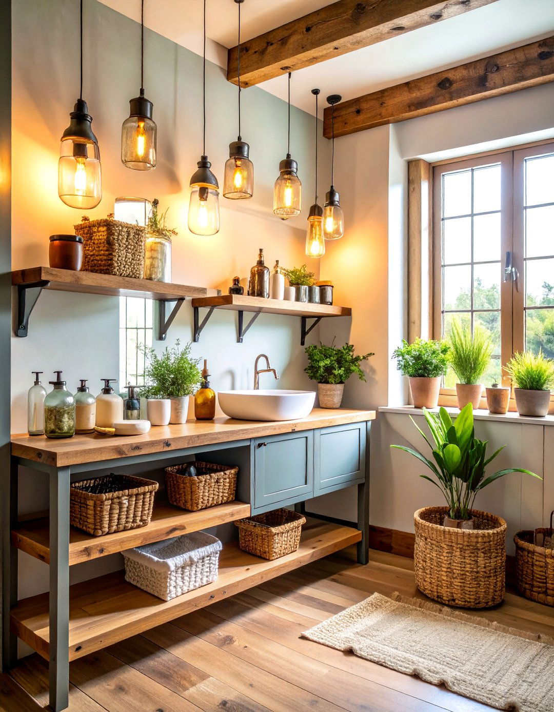 Rustic Storage Bathroom with Mason Jar Lighting - 25 Modern Farmhouse Bathroom Ideas