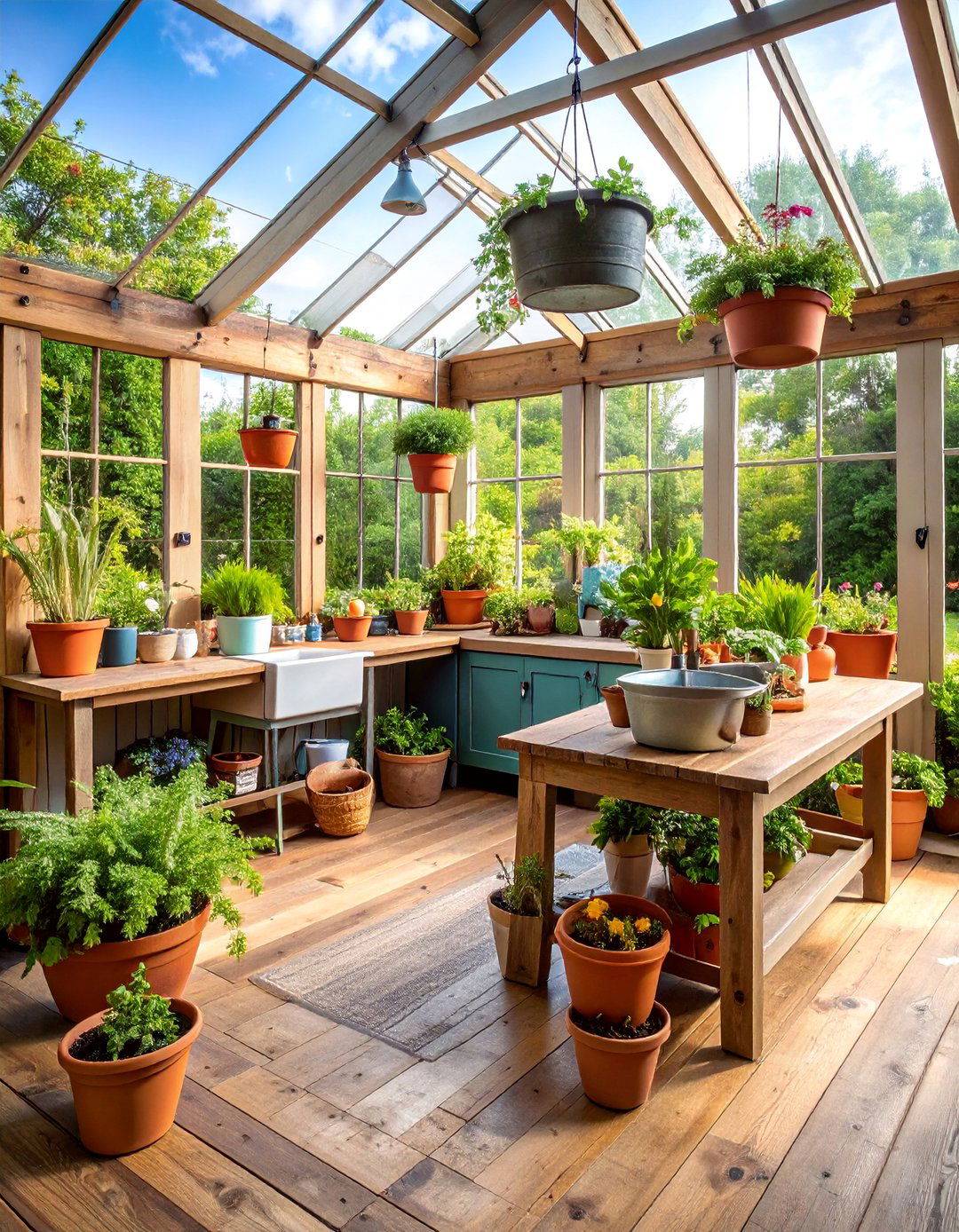 Rustic Sunroom Greenhouse with Potting Station - 25 Rustic Sunroom Ideas
