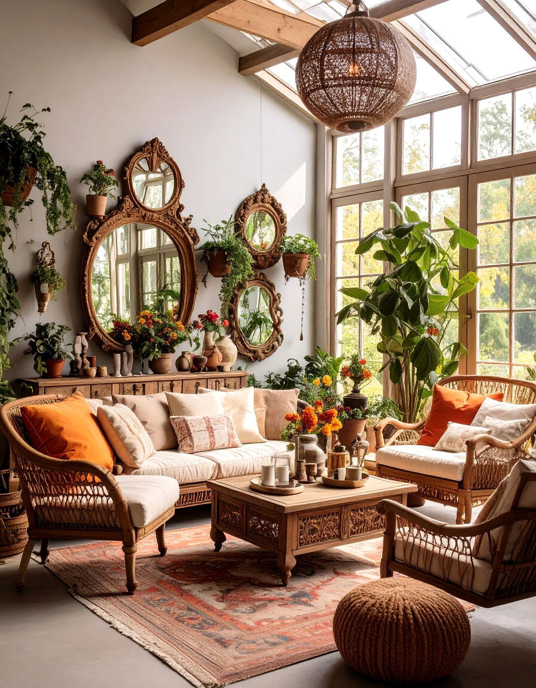 Rustic Sunroom with Antique Mirror Collection - 25 Rustic Sunroom Ideas