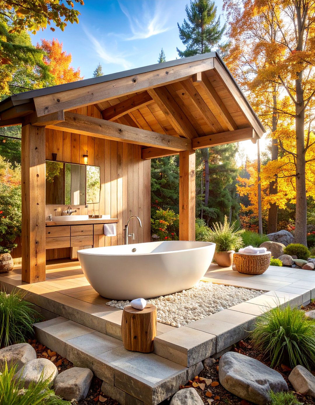 Rustic Timber Frame with Exposed Joinery - 25 Rustic Outdoor Bathroom Ideas