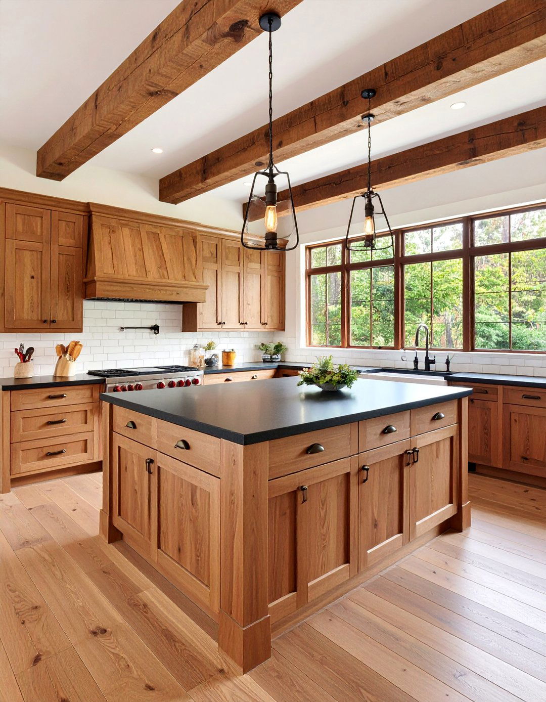 Rustic Walnut Kitchen with Black Granite Island - 25 kitchen with brown cabinets and black countertops ideas