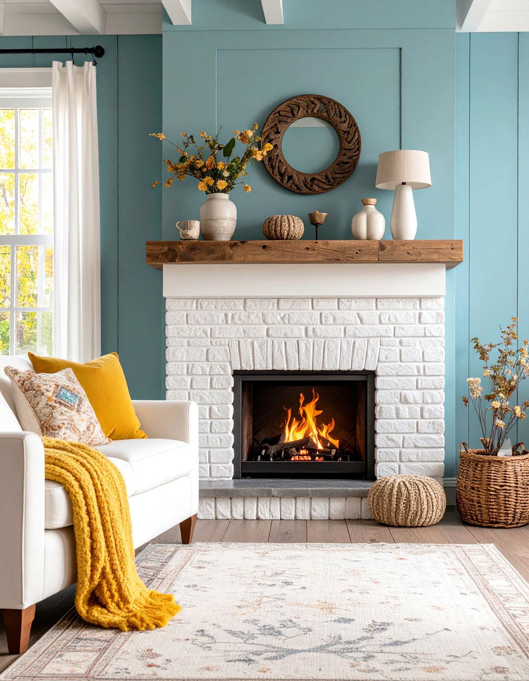 Rustic White Brick Fireplace with German Schmear Finish - 25 White Brick Fireplace Ideas