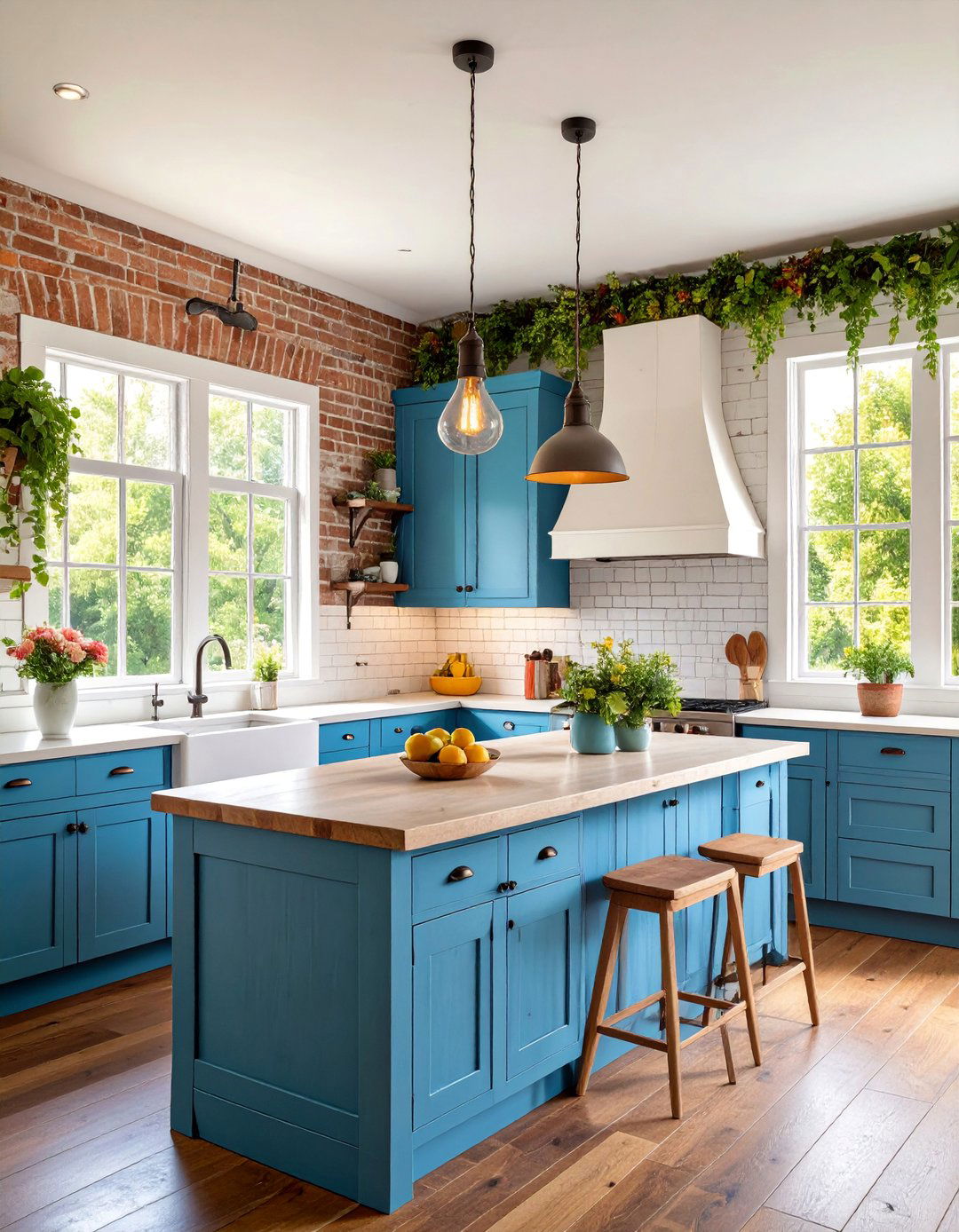 Rustic White Cabinets with Weathered Blue Island - 25 White Kitchen Cabinets With Blue Island