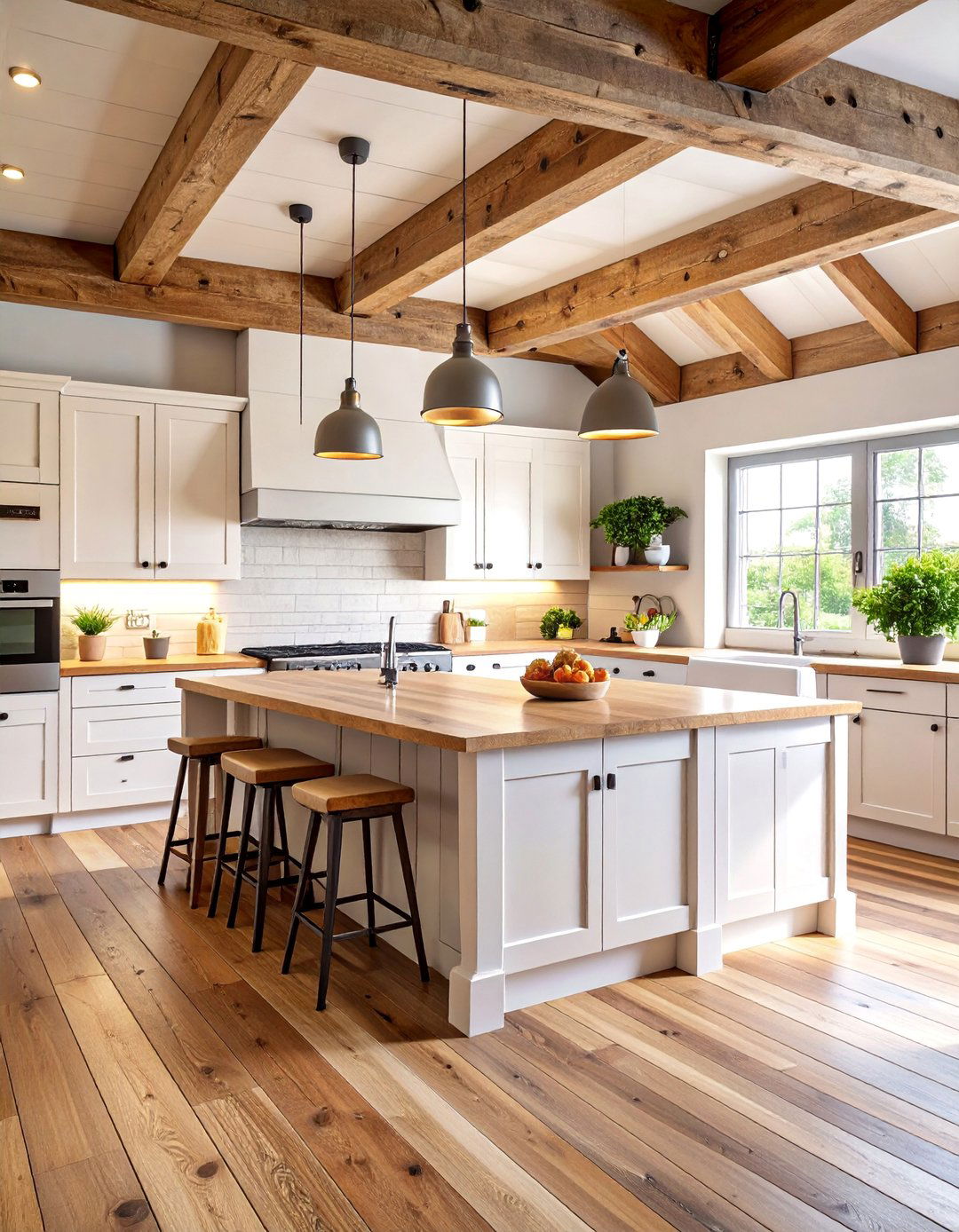 Rustic White Kitchen with Exposed Wooden Beams - 25 White Kitchen with Stainless Steel Appliances Ideas