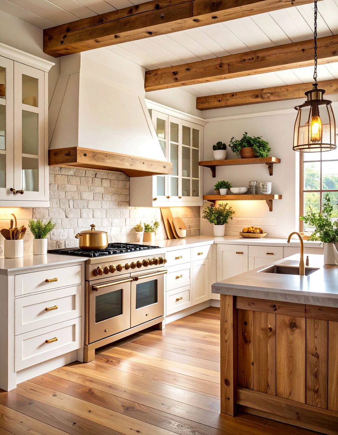 Rustic White Kitchen with Hammered Gold Hardware - 25 White and Gold Kitchen Ideas
