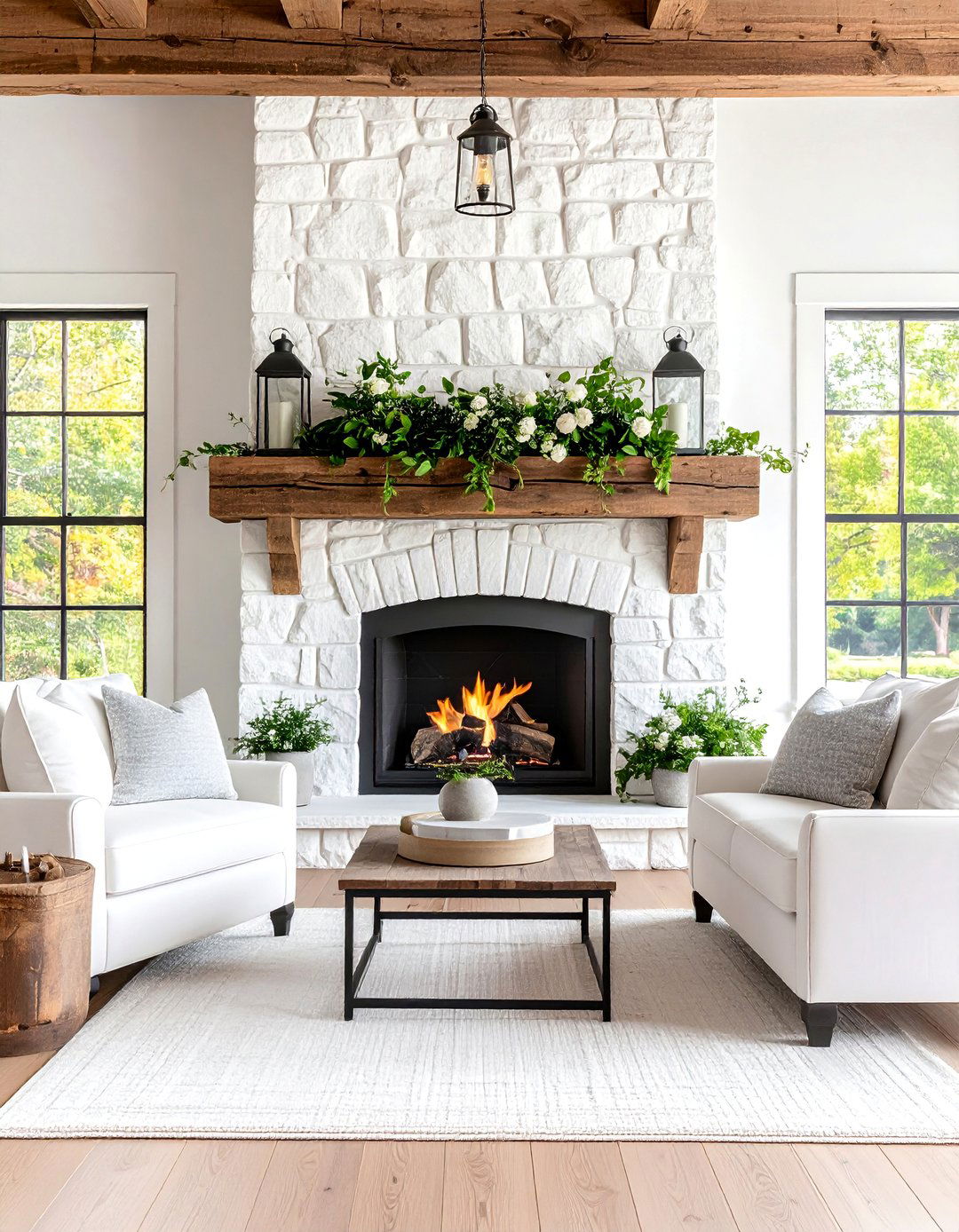 Rustic White Stone Fireplace with Reclaimed Wood Beam Mantel - 25 White Stone Fireplace Ideas
