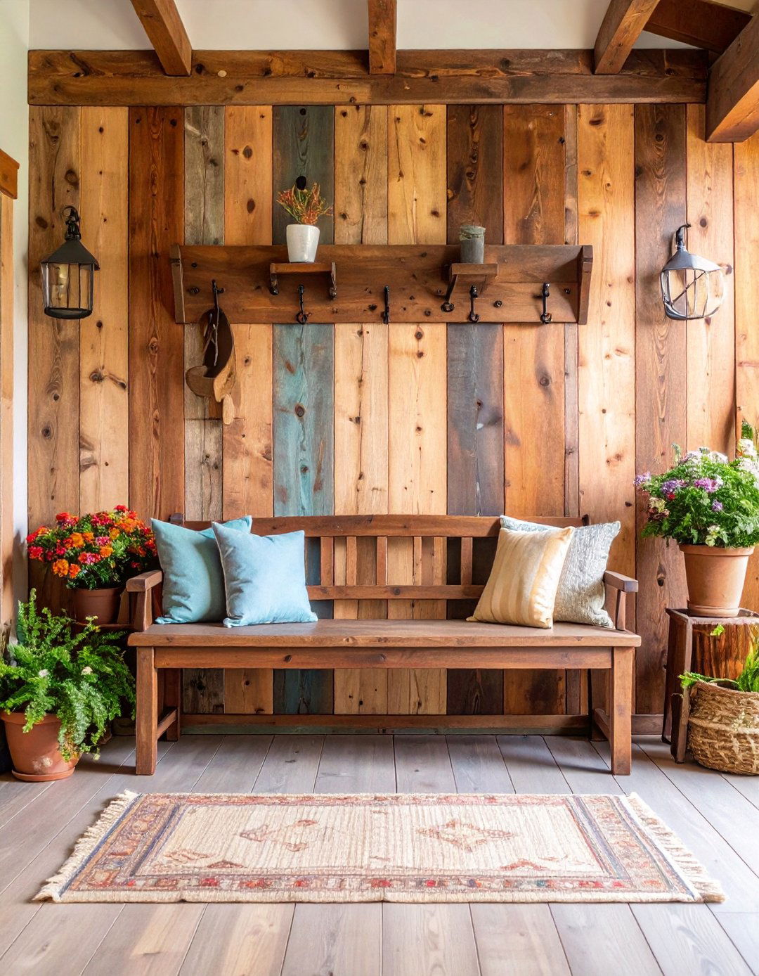 Rustic Wood Accent Wall with Hooks - 25 Foyer Decor Ideas