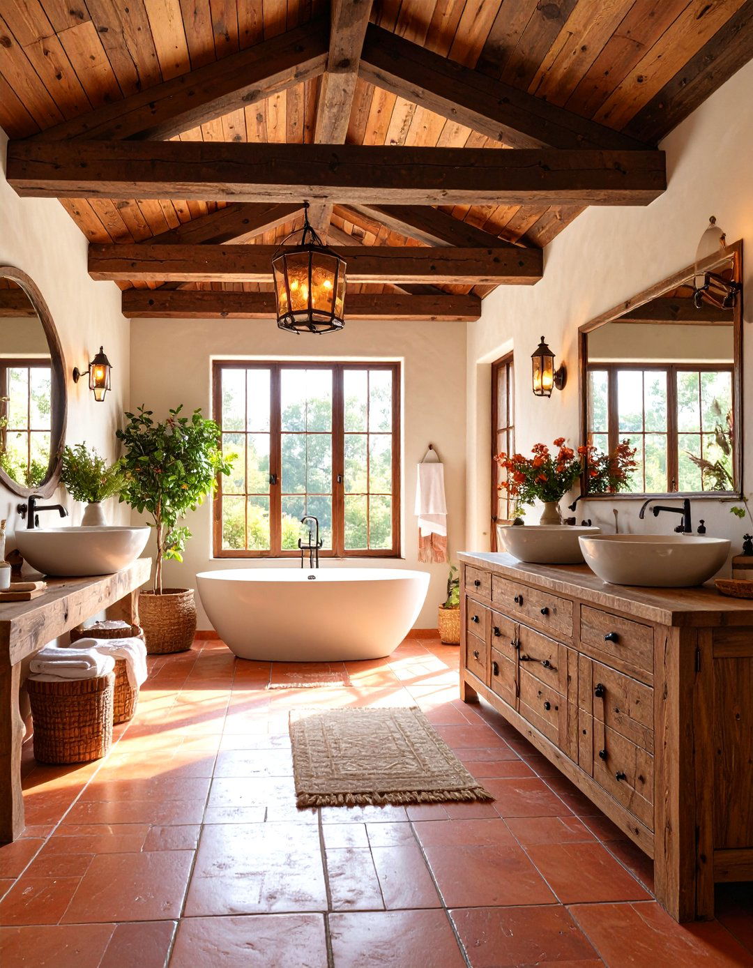 Rustic Wood Beam Bathroom with Terracotta Floors - 25 Tuscan Bathroom Ideas
