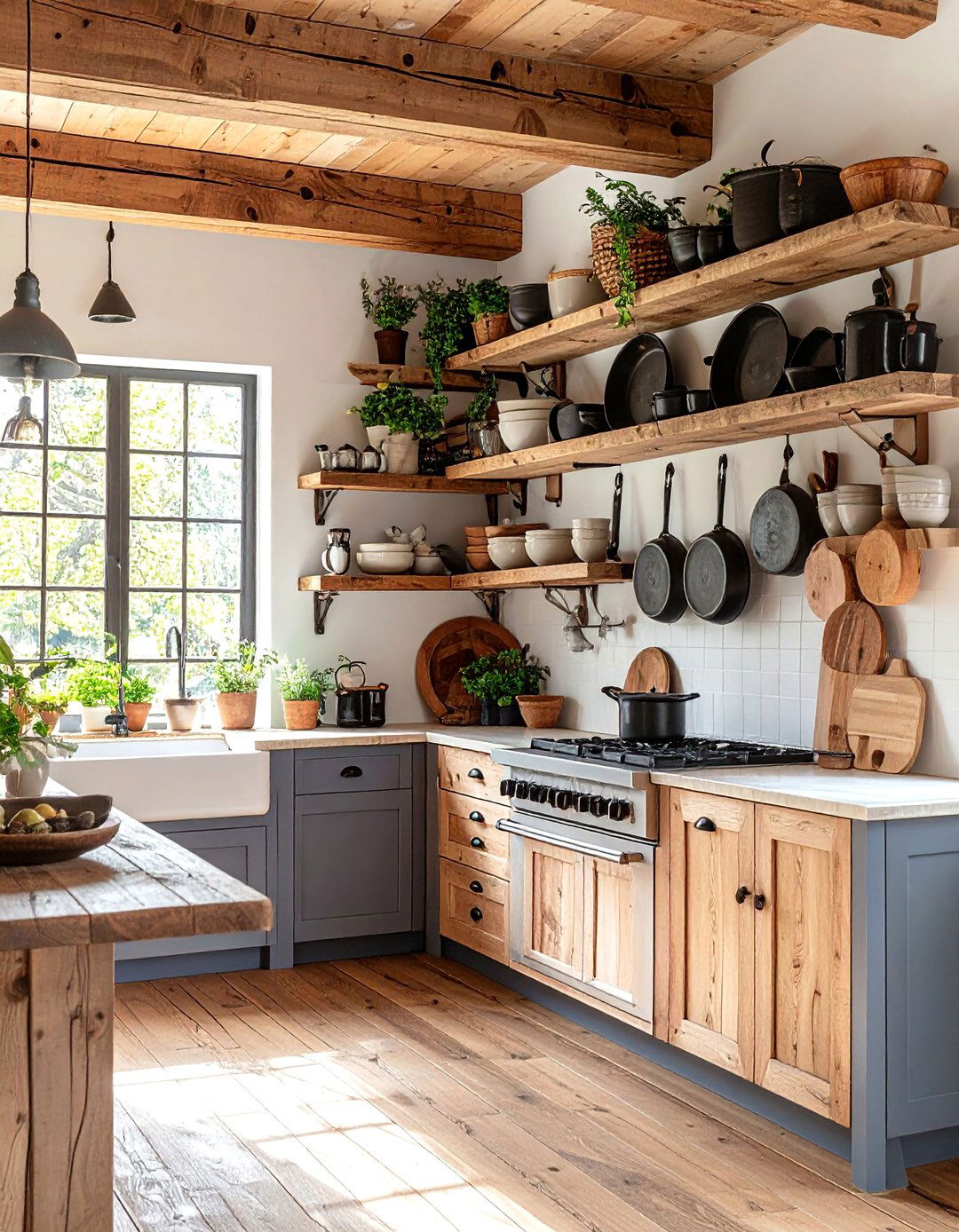 Rustic Wood Beam Floating Shelves - 25 Kitchen Wall Decor Ideas