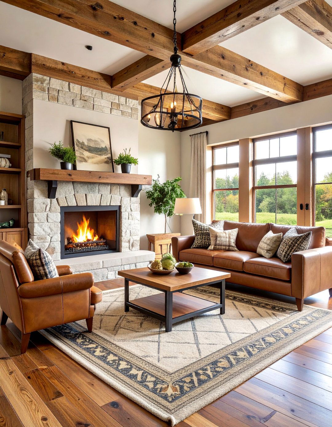 Rustic Wood Beam Living Room with Stone Fireplace - 25 Cabin Decor Ideas
