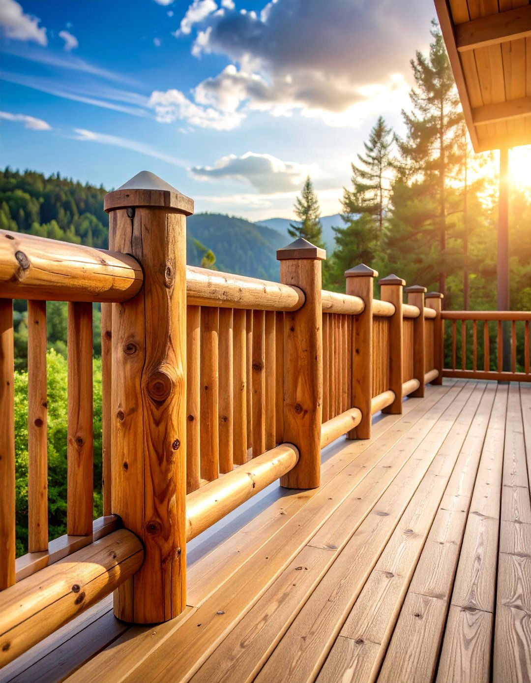 Rustic Wood Deck Railing with Natural Log Construction - 25 Wood Deck Railing Ideas
