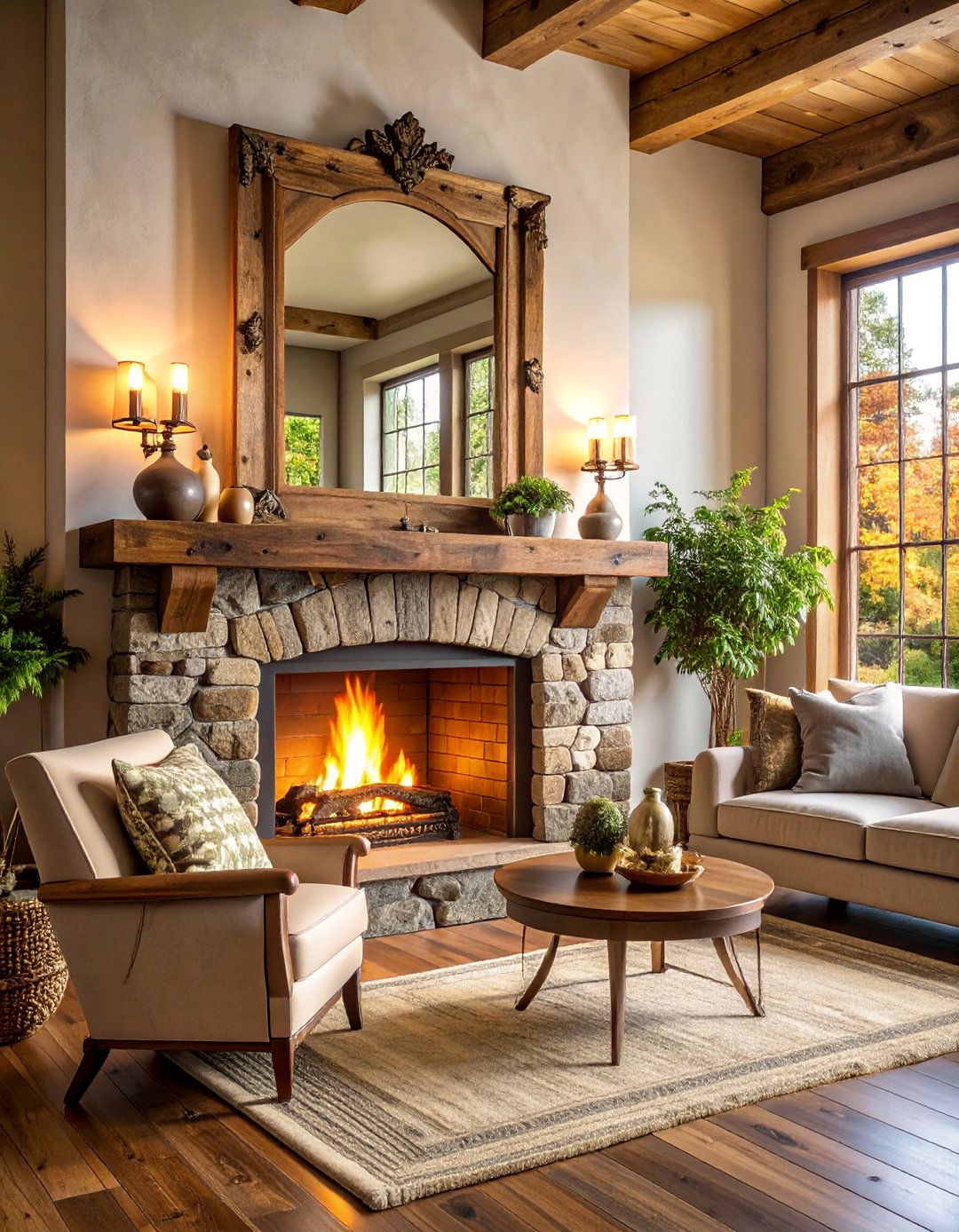 Rustic Wood Frame Mirror Farmhouse Style - 25 Living Room Mirror Ideas