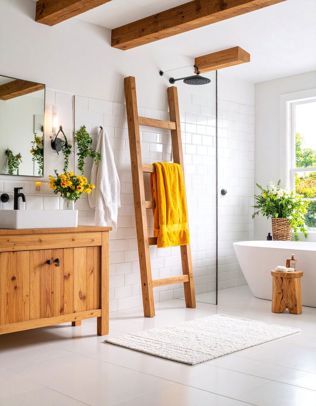 Rustic Wood Ladder Towel Storage - 25 Rustic Walk-in Shower Ideas