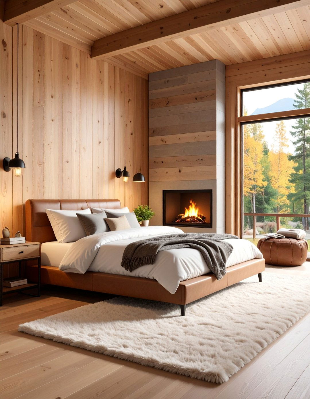 Rustic Wood Panel Bedroom with Fireplace - 25 Men's Bedroom Ideas