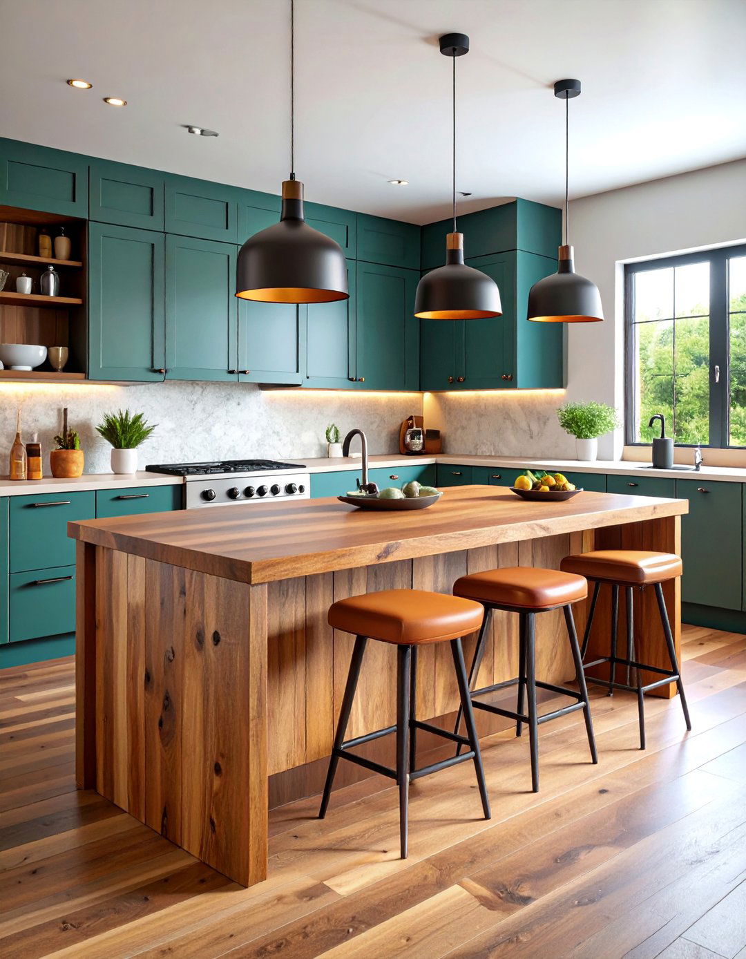 Rustic Wood Peninsula with Industrial Bar Stools - 25 Eat in Kitchen Ideas