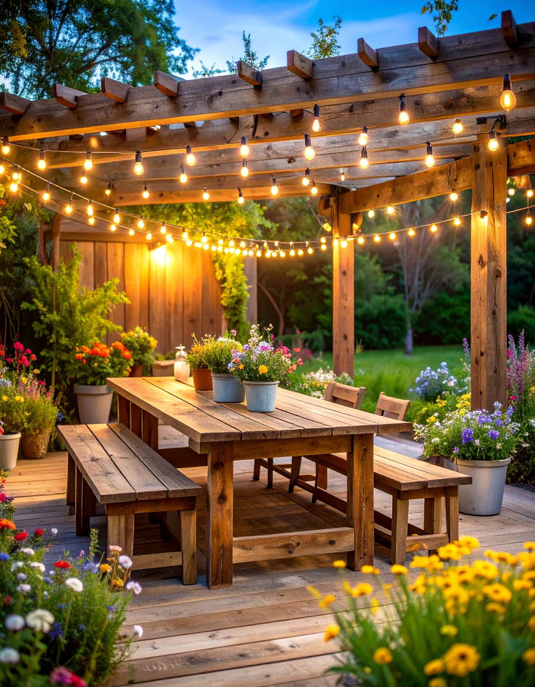 Rustic Wood Pergola Patio with String Lights - 25 Farmhouse Patio Ideas