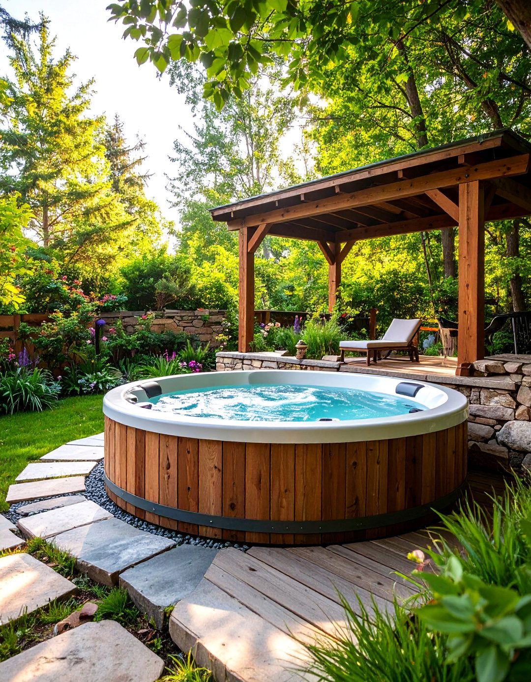 Rustic Wood and Stone Hot Tub - 25 Hot Tub Landscaping Ideas