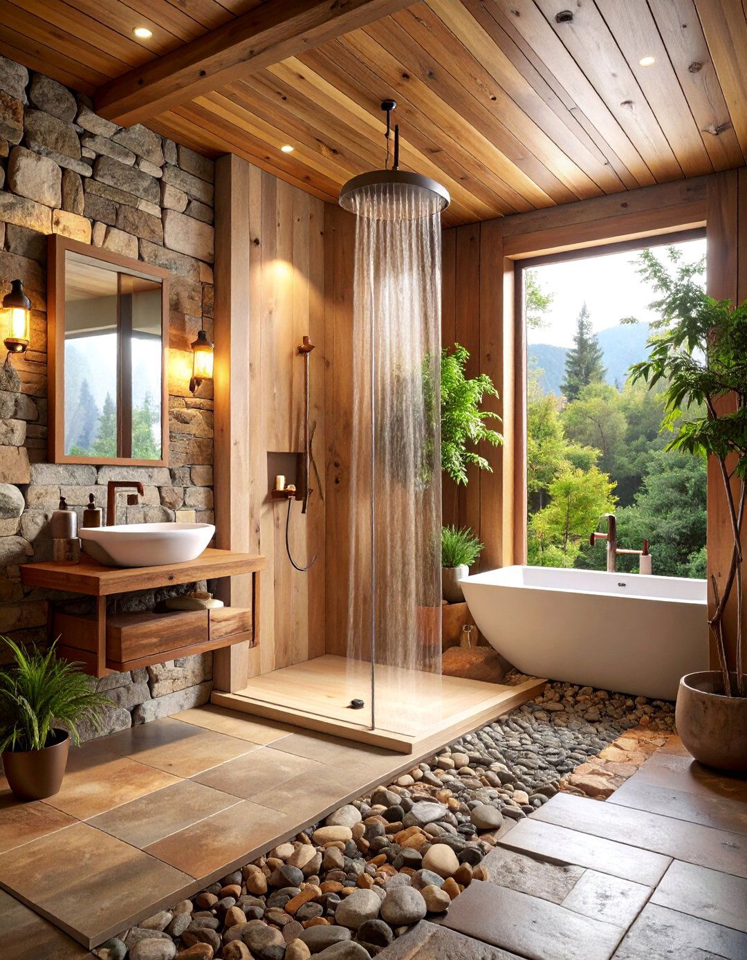 Rustic Wood and Stone Shower Surround - 25 Shower Surround Ideas