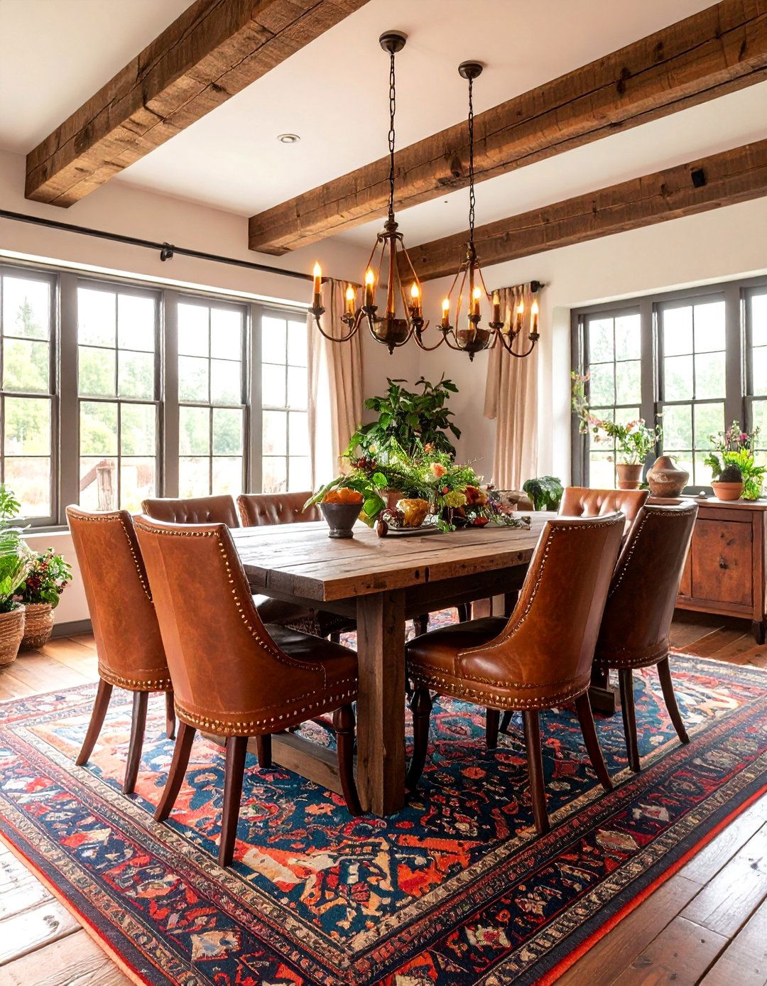 Rustic Wood with Dark Leather - 25 Moody Dining Room Ideas