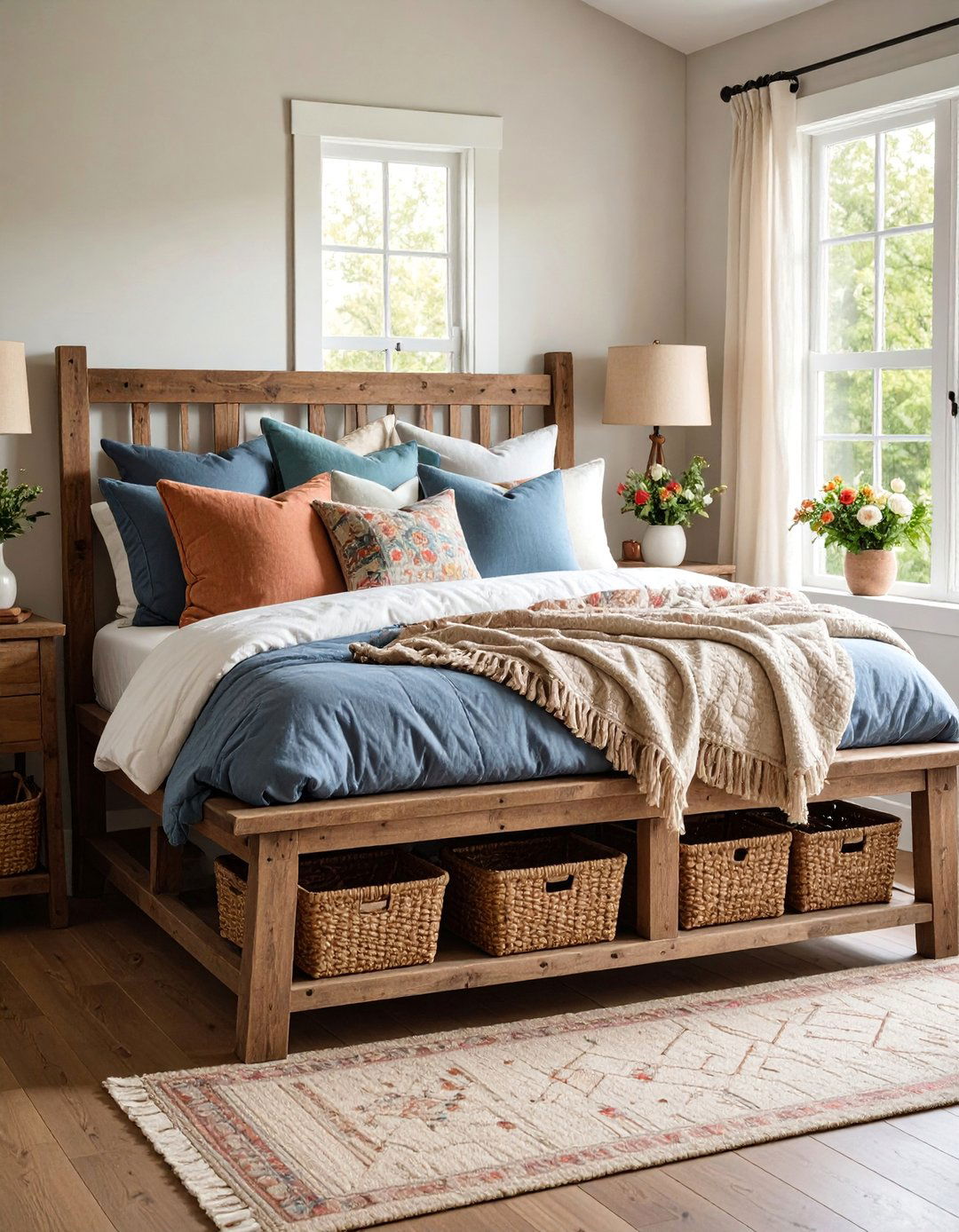Rustic Wooden Bench with Cozy Textiles - 25 Bedroom Sitting Area Ideas
