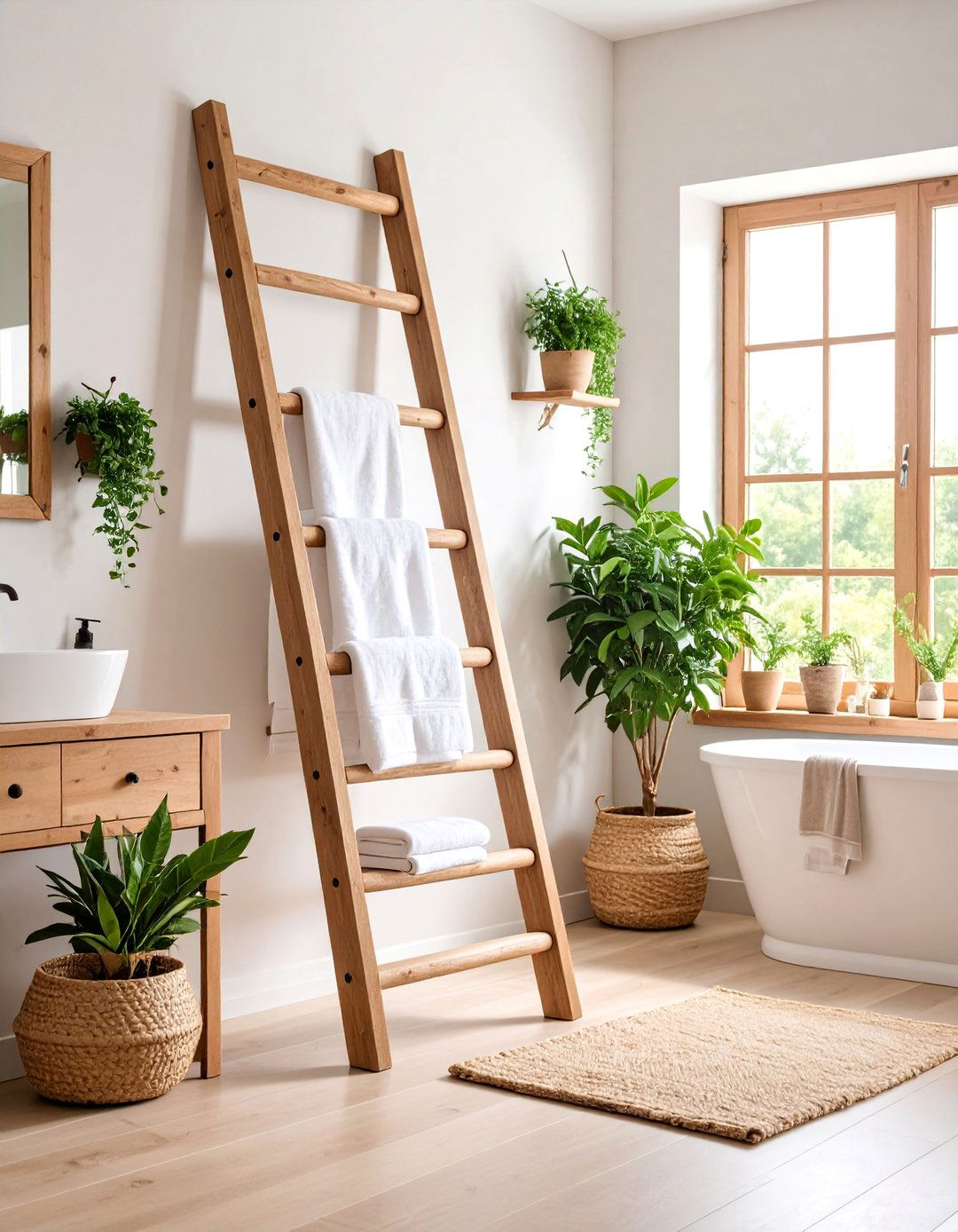 Rustic Wooden Ladder Leaning Storage with Natural Finish - 25 Towel Storage Ideas
