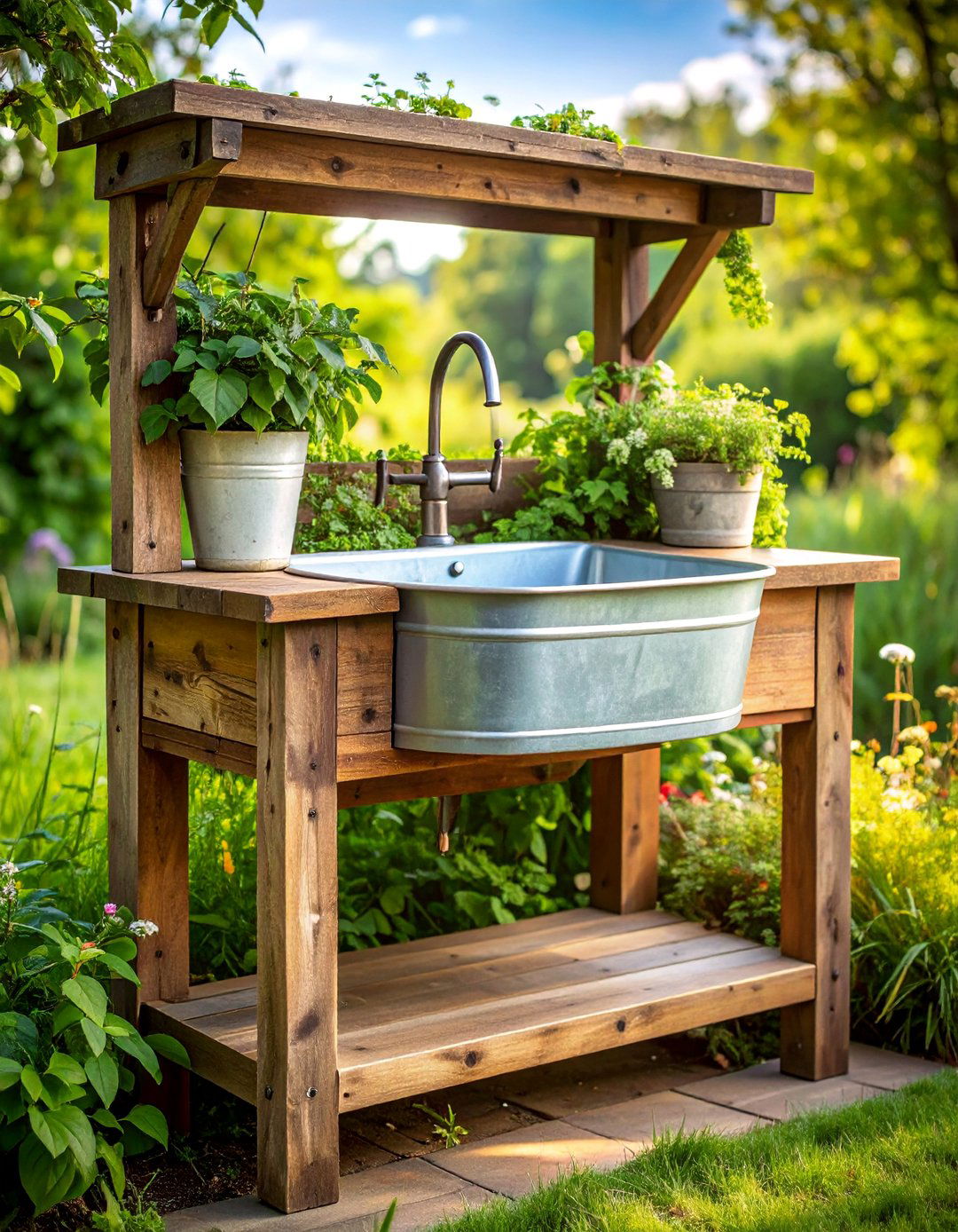 Rustic Wooden Outdoor Sink with Galvanized Basin - 25 outdoor sink ideas