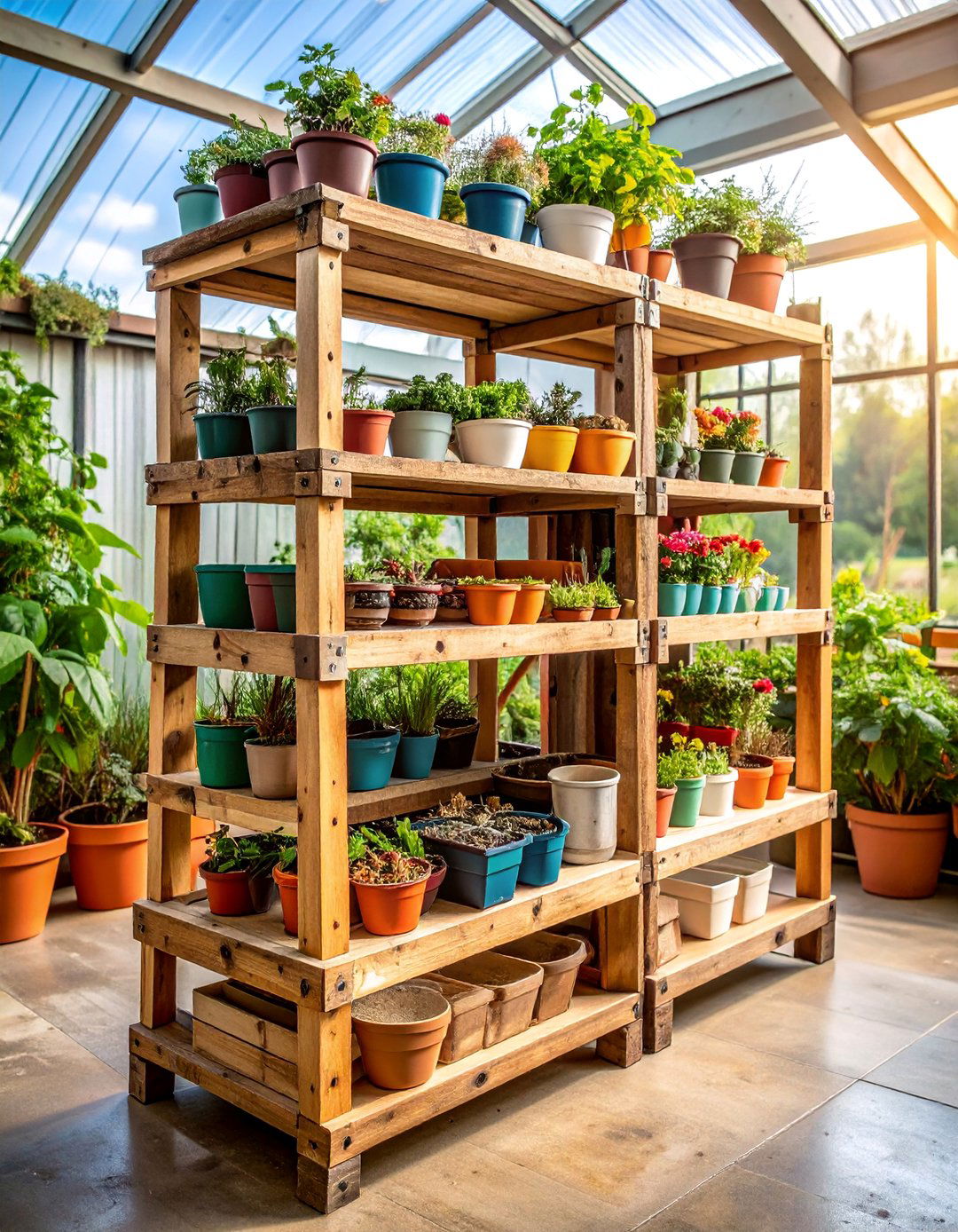 Rustic Wooden Pallet Greenhouse Shelving System - 25 Greenhouse Shelving Ideas