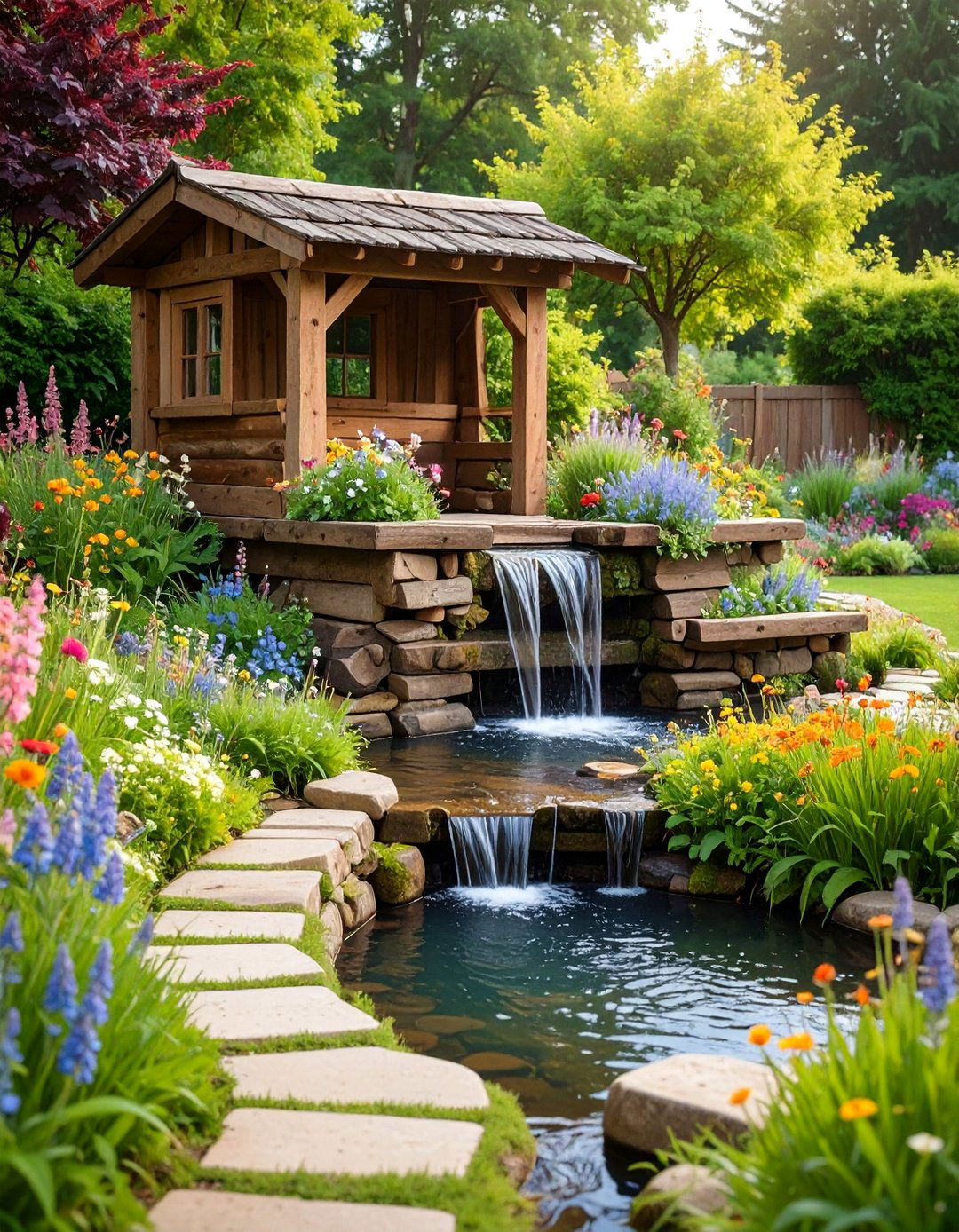 Rustic Wooden Railway Sleeper Pond - 25 Raised Garden Pond Ideas