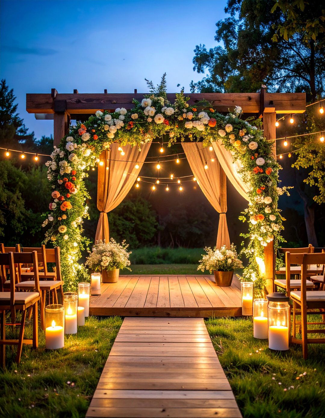 Rustic Wooden Wedding Altar with Wildflower Arrangements - 25 Wedding Altar Ideas