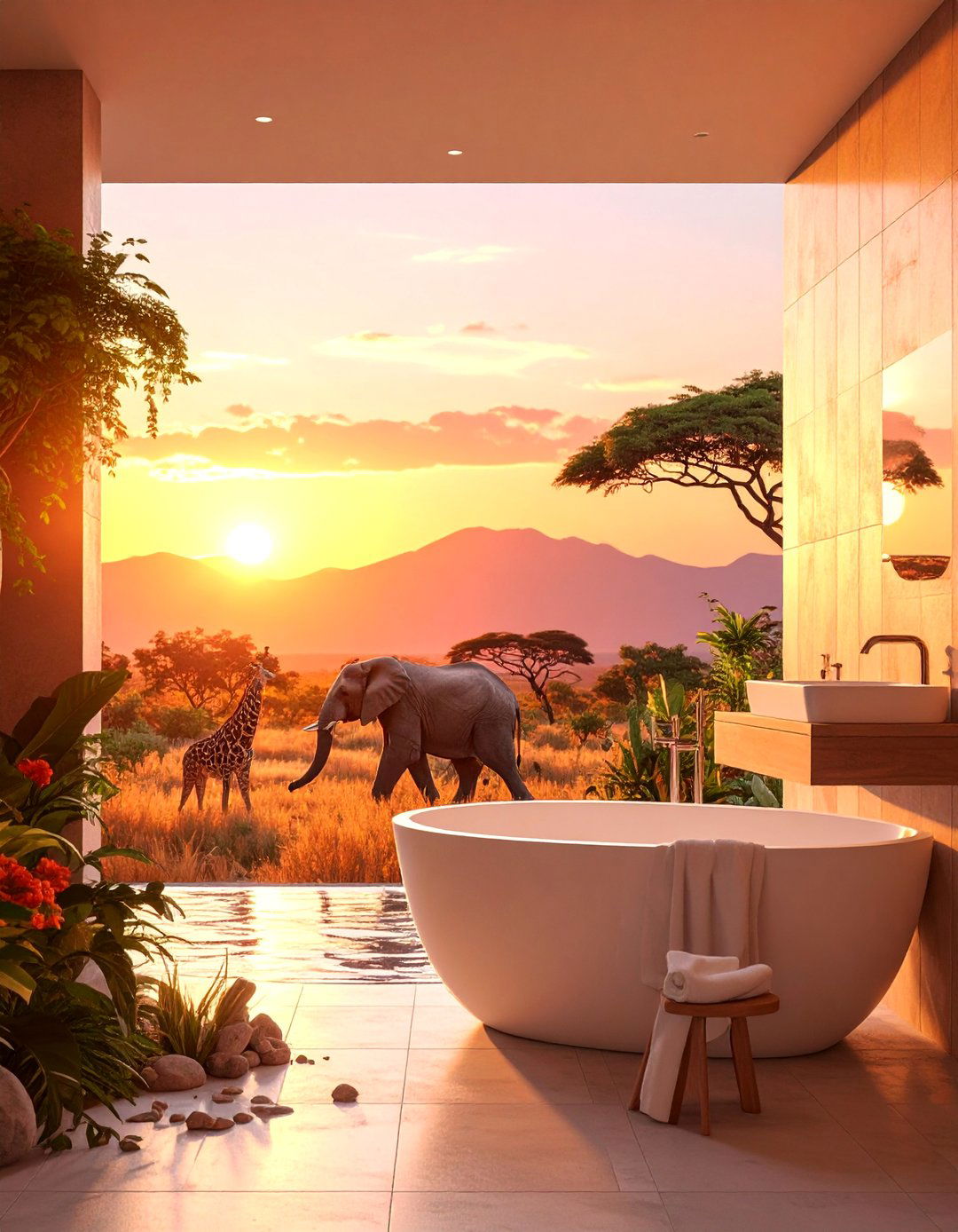 Safari African Landscape with Wildlife - 25 Bathroom Mural Ideas