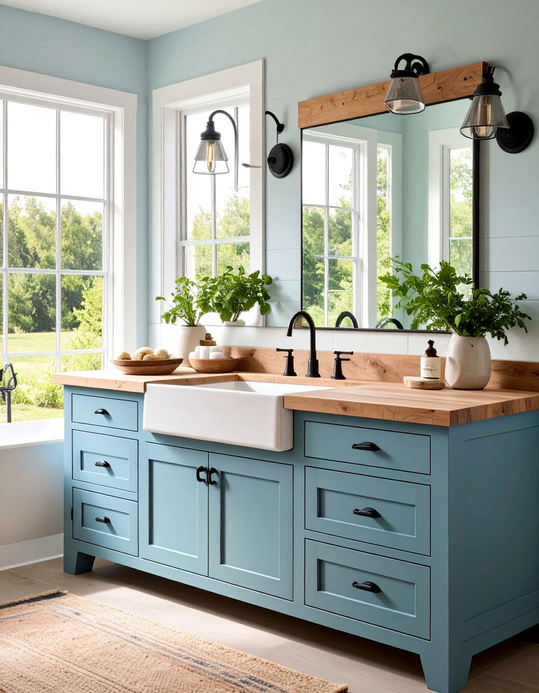 Sage Blue Farmhouse Vanity with Chicken Wire Details - 25 Blue Bathroom Vanity Ideas