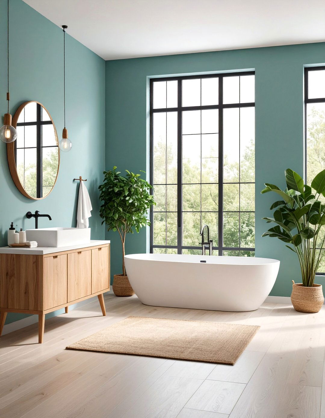 Sage Blue Walls with Black Window Frames - 25 black and blue bathroom ideas