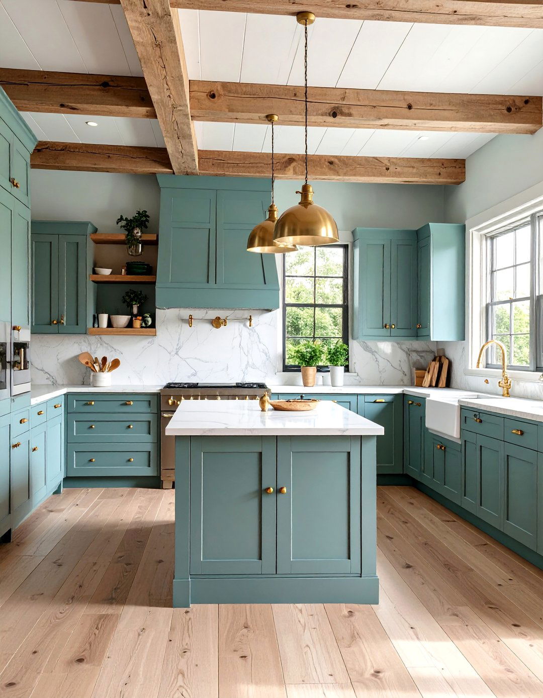 Sage Gray Green Cabinets with Natural Wood Accents - 25 Farmhouse Kitchen With Gray Cabinets Ideas
