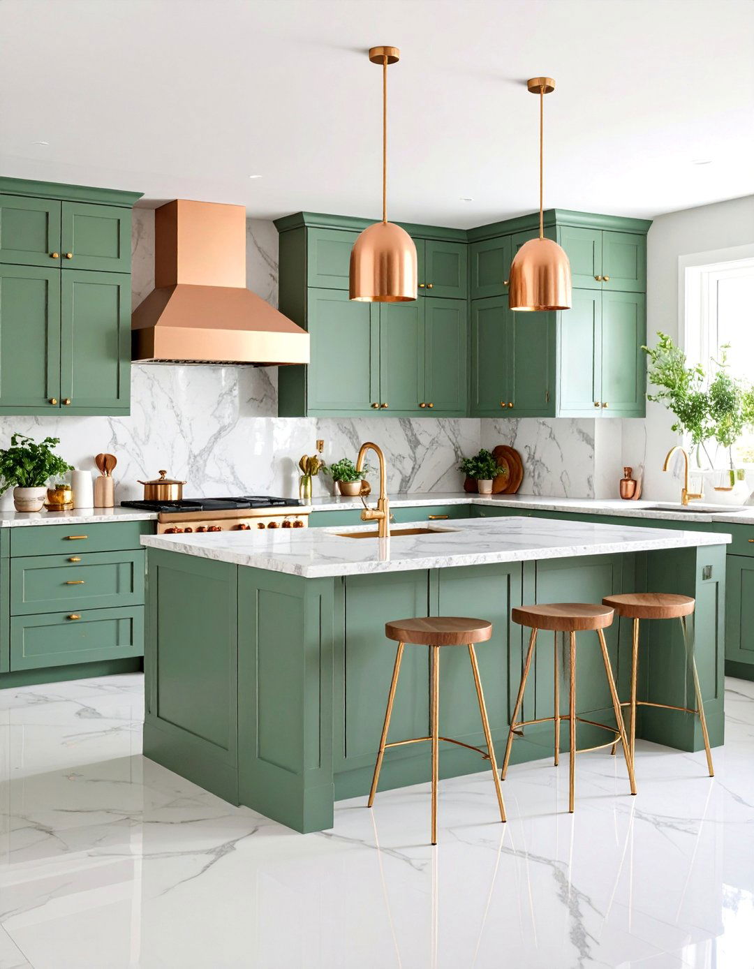 Sage Gray Kitchen with Natural Stone and Copper Accents - 25 Gray Kitchens