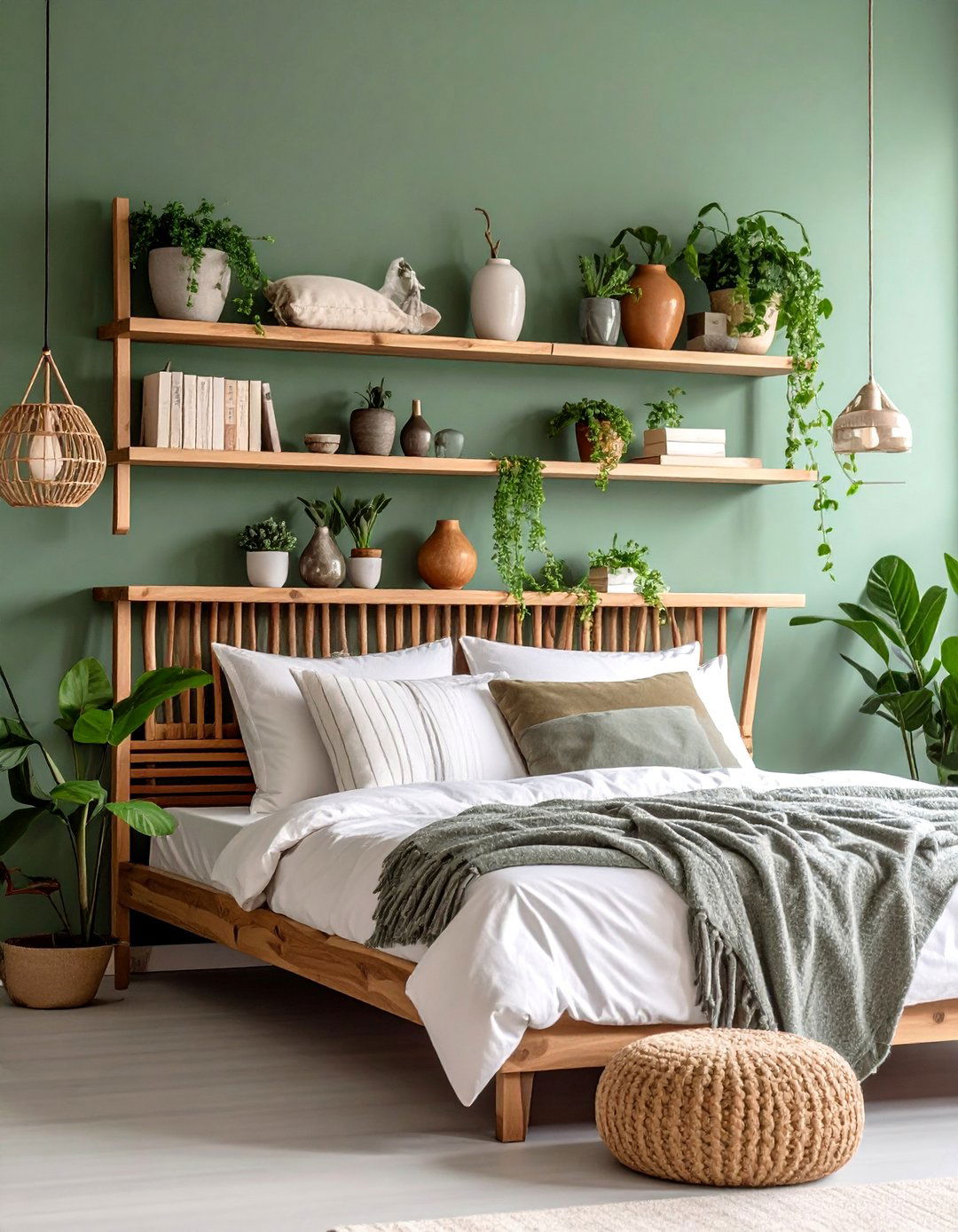 Sage Green Accent Wall with Floating Shelves - 25 Boho Sage Green Bedroom Ideas