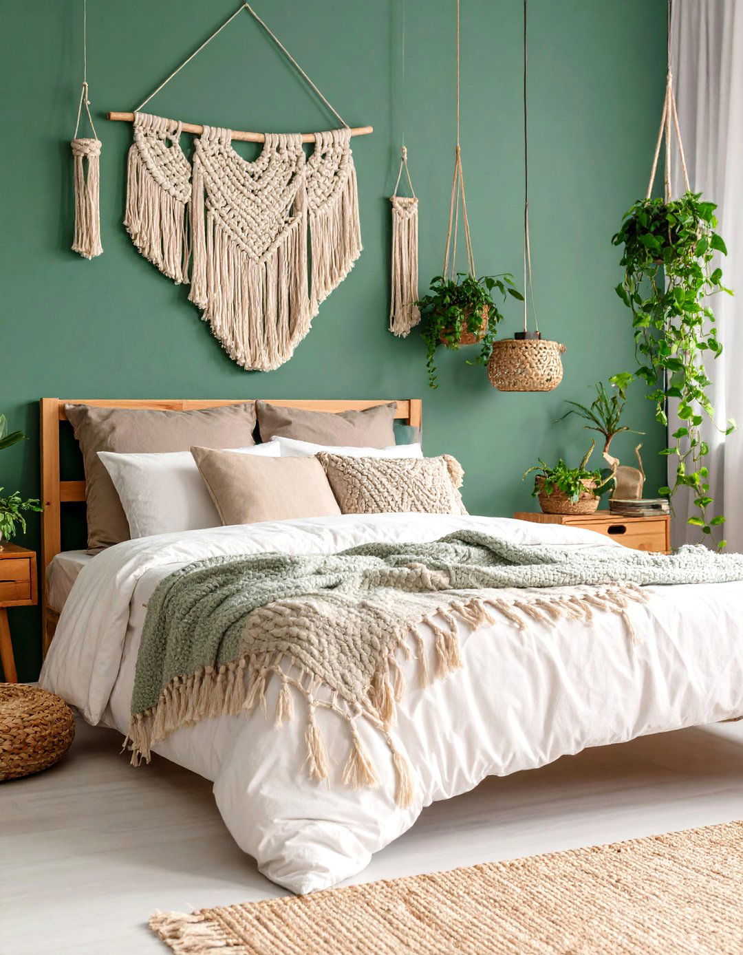 Sage Green Accent Wall with Macrame Displays - 25 Green Boho Bedroom Ideas